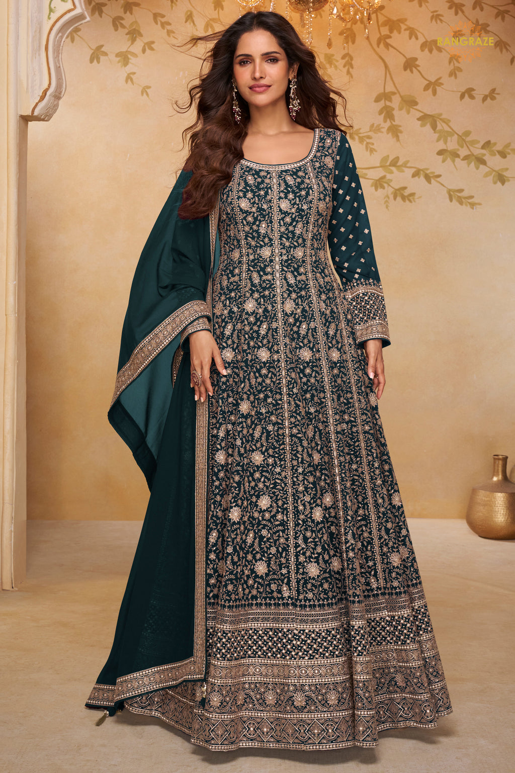 Green Stitched Georgette Gown with Dupatta