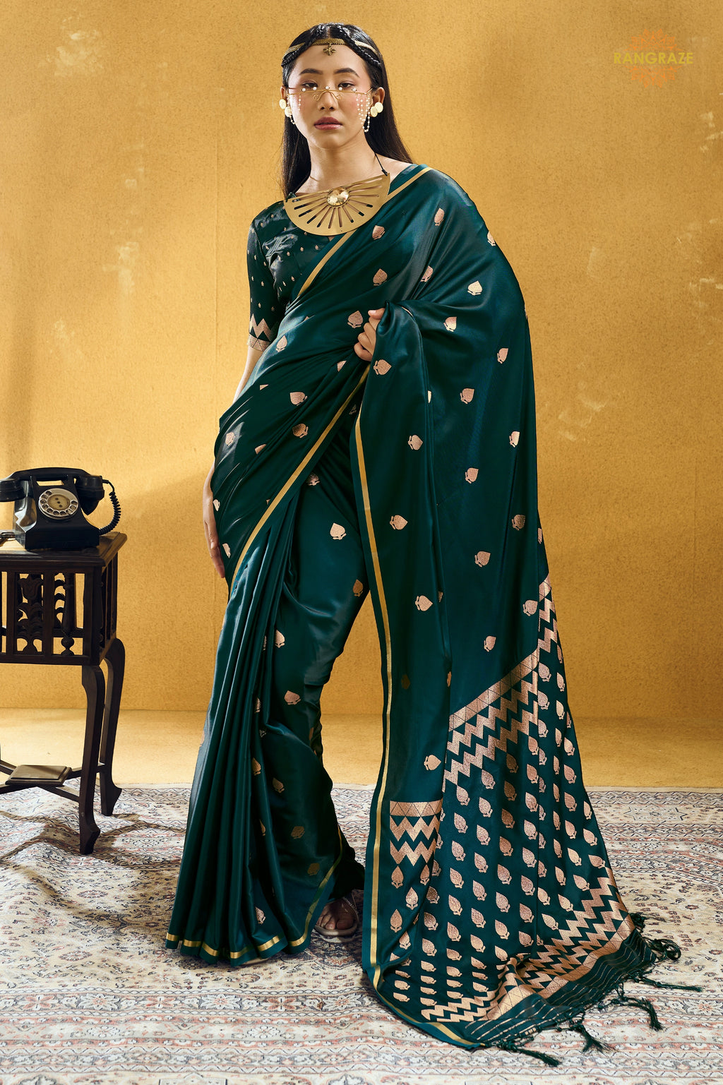 Green Satin Silk Banarasi Saree with Woven Zari Buttas