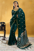 Green Satin Silk Banarasi Saree with Woven Zari Buttas