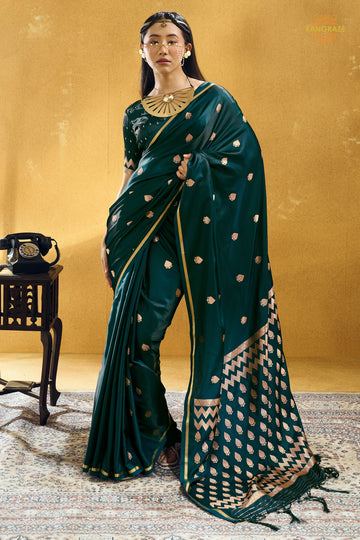 Green Satin Silk Banarasi Saree with Woven Zari Buttas