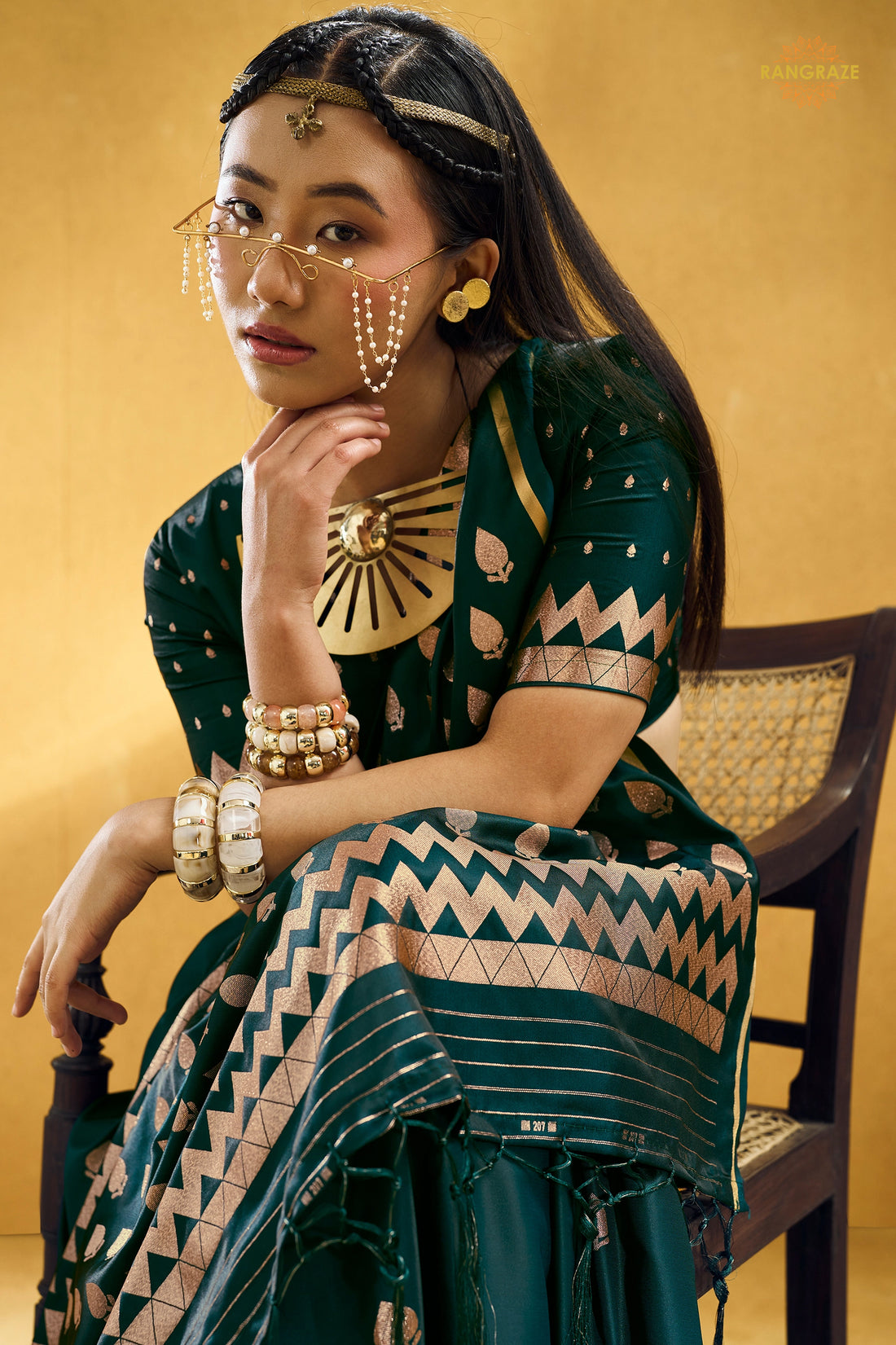 Green Satin Silk Banarasi Saree with Woven Zari Buttas