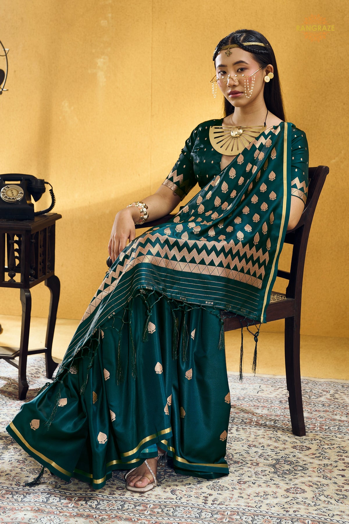 Green Satin Silk Banarasi Saree with Woven Zari Buttas