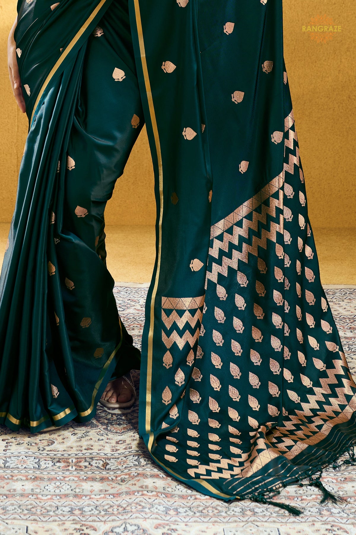 Green Satin Silk Banarasi Saree with Woven Zari Buttas