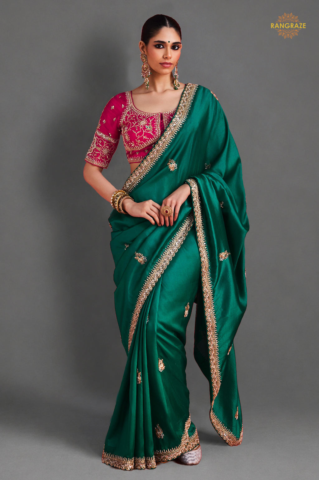 Green Embroidered Silk Saree With Designer Border