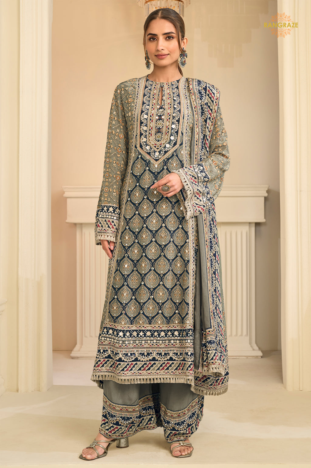 Grey And Blue Stitched Aari Work Crepe Palazzo Suit