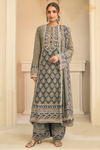 Grey And Blue Stitched Aari Work Crepe Palazzo Suit