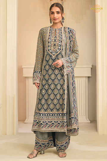 Grey And Blue Stitched Aari Work Crepe Palazzo Suit