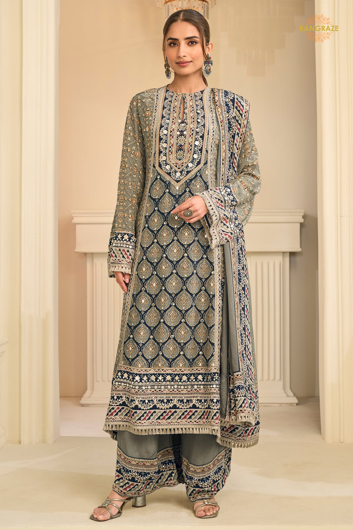 Grey And Blue Stitched Aari Work Crepe Palazzo Suit