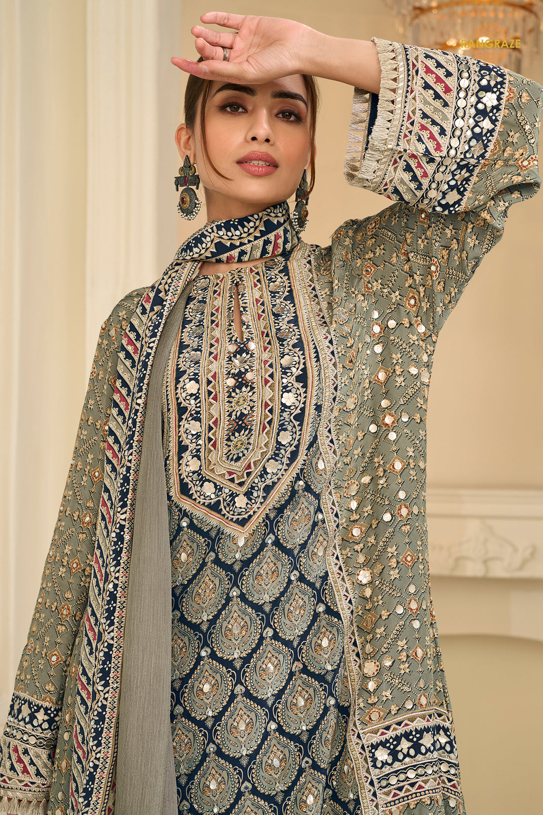 Grey And Blue Stitched Aari Work Crepe Palazzo Suit