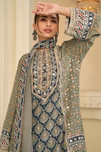 Grey And Blue Stitched Aari Work Crepe Palazzo Suit