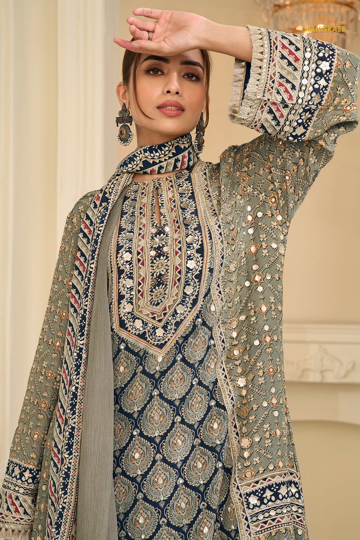 Grey And Blue Stitched Aari Work Crepe Palazzo Suit