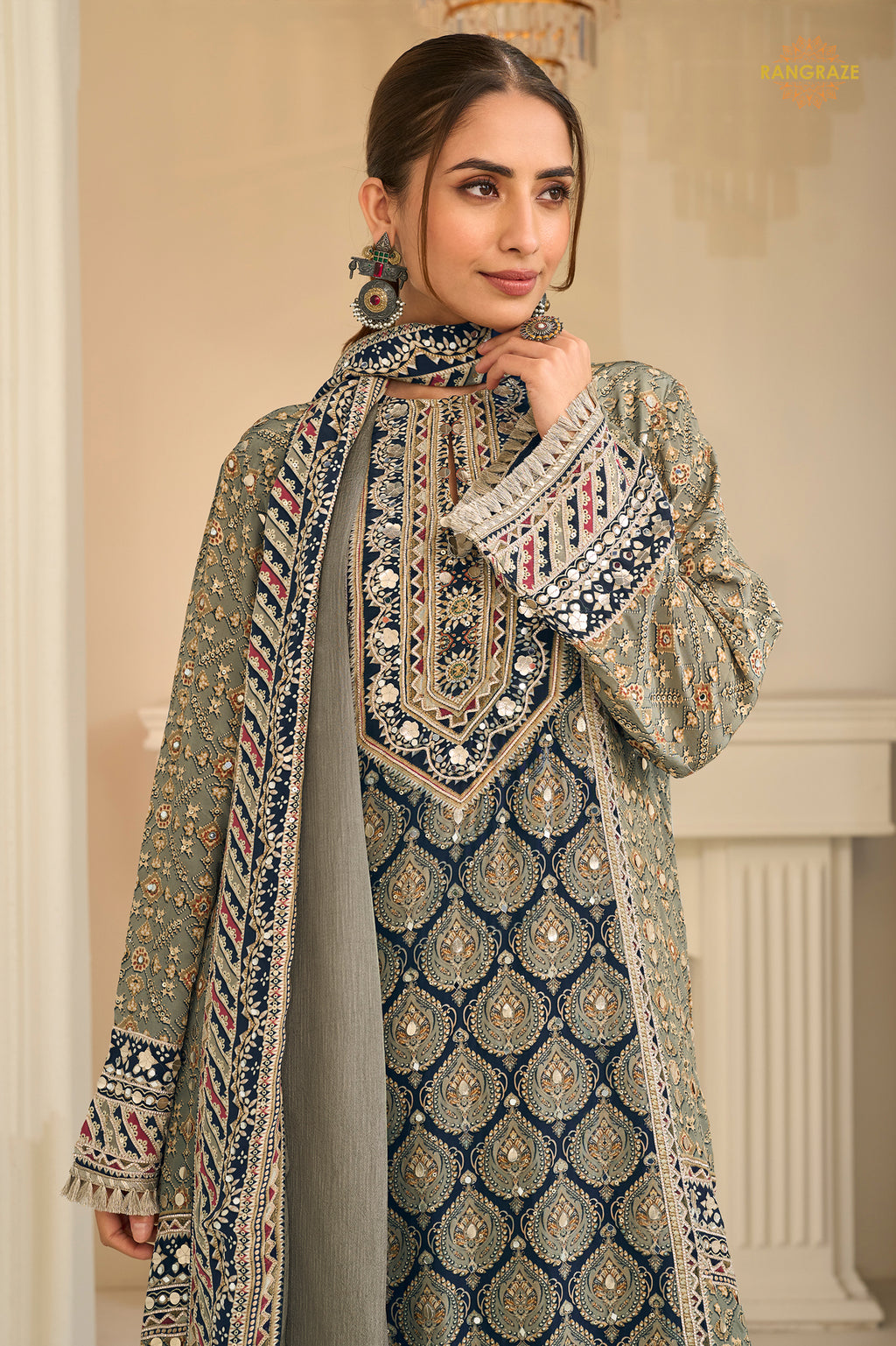 Grey And Blue Stitched Aari Work Crepe Palazzo Suit