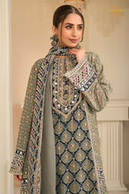 Grey And Blue Stitched Aari Work Crepe Palazzo Suit