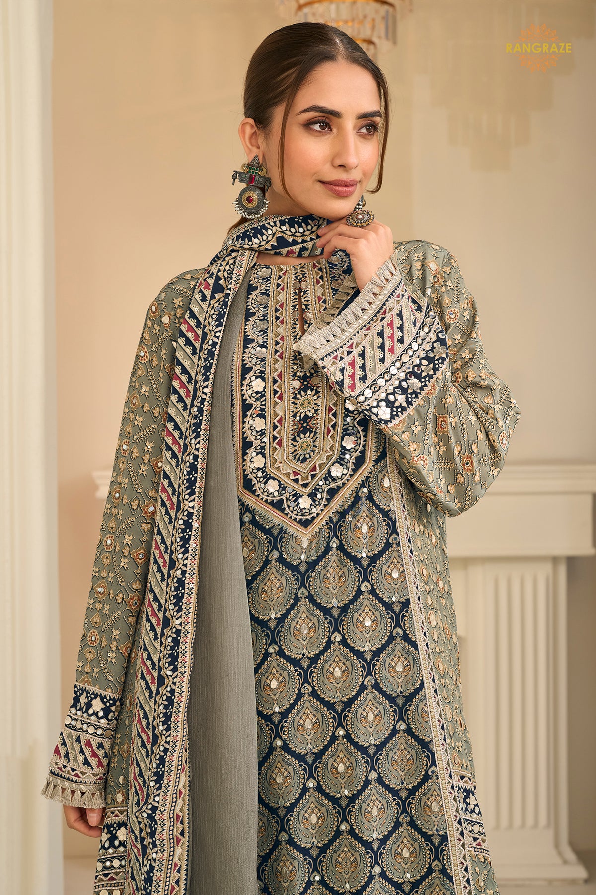 Grey And Blue Stitched Aari Work Crepe Palazzo Suit