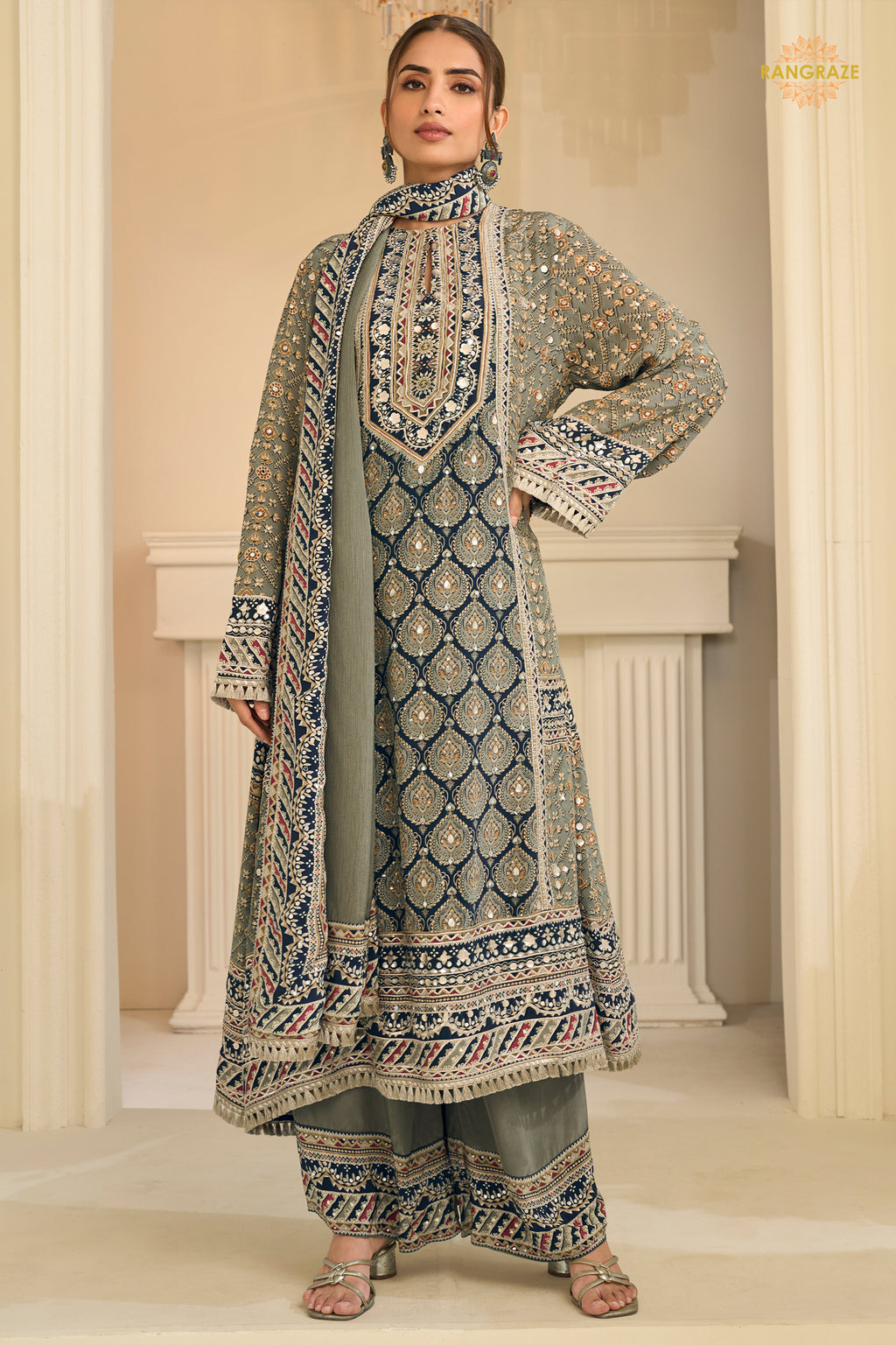 Grey And Blue Stitched Aari Work Crepe Palazzo Suit