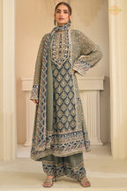 Grey And Blue Stitched Aari Work Crepe Palazzo Suit