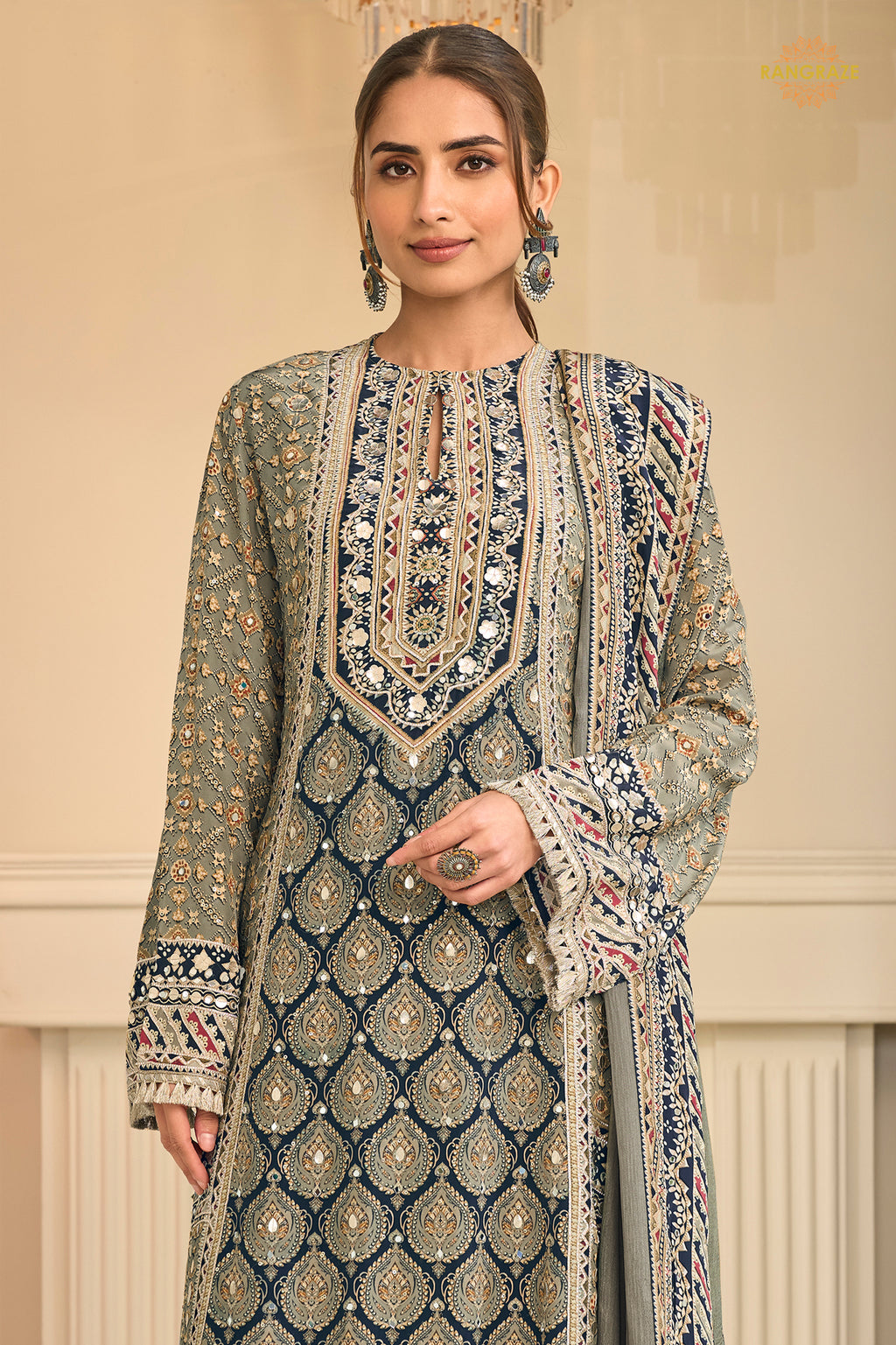 Grey And Blue Stitched Aari Work Crepe Palazzo Suit