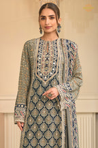 Grey And Blue Stitched Aari Work Crepe Palazzo Suit