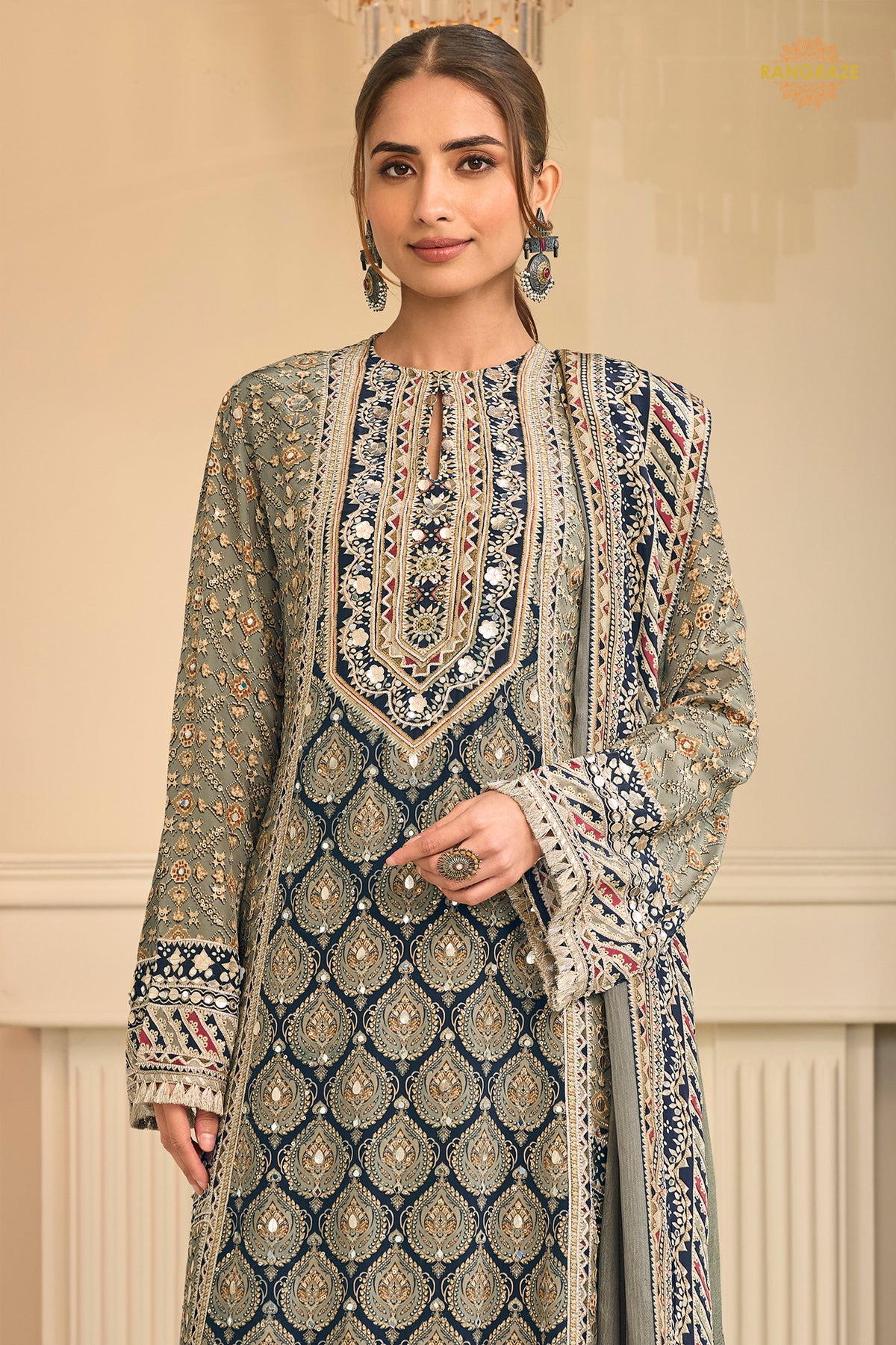 Grey And Blue Stitched Aari Work Crepe Palazzo Suit