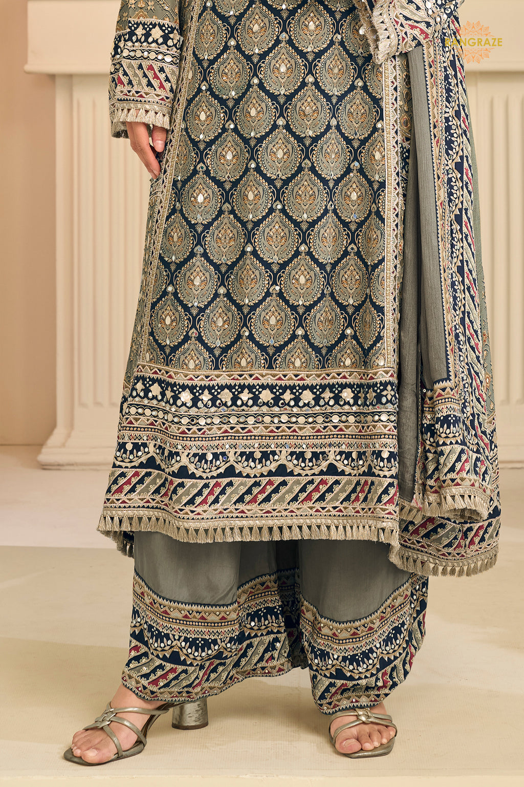 Grey And Blue Stitched Aari Work Crepe Palazzo Suit