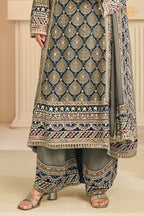 Grey And Blue Stitched Aari Work Crepe Palazzo Suit