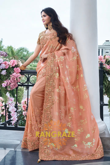 Majestic Peach Hand-Embroidered Banarasi Silk Saree