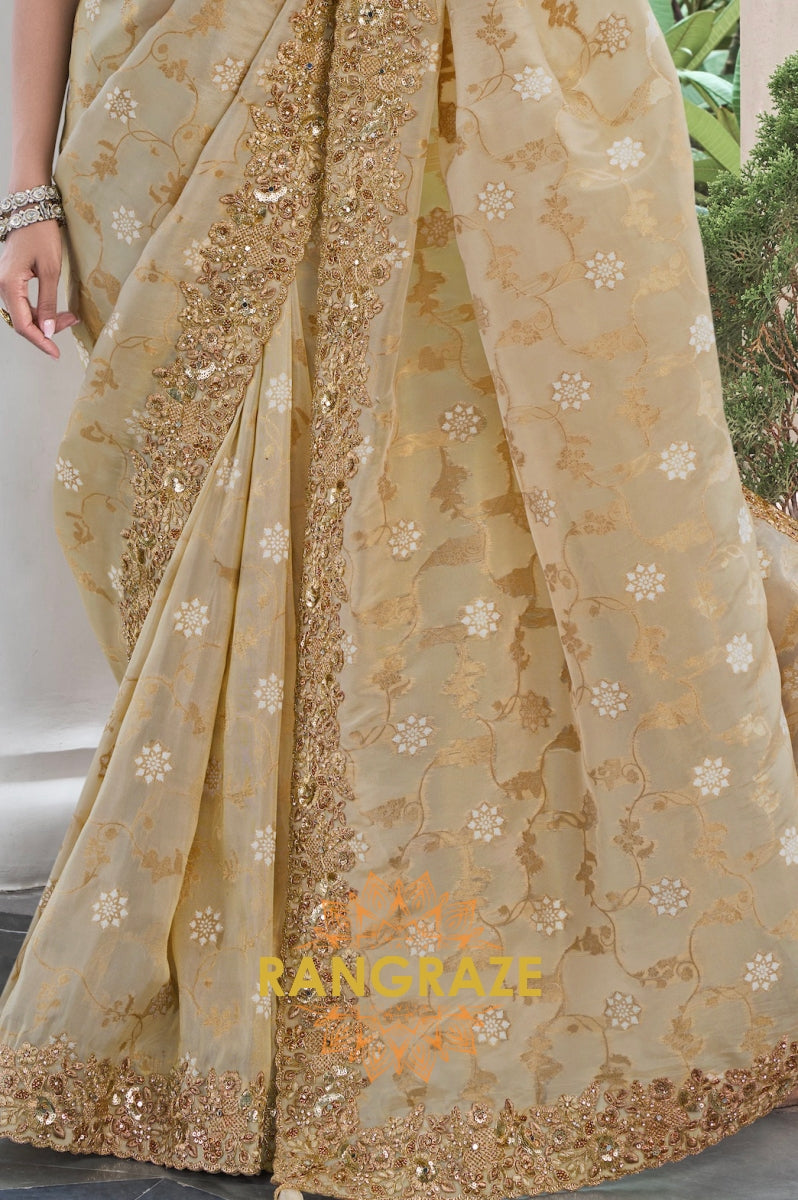 Golden Radiance Hand-Embroidered Banarasi Silk Saree