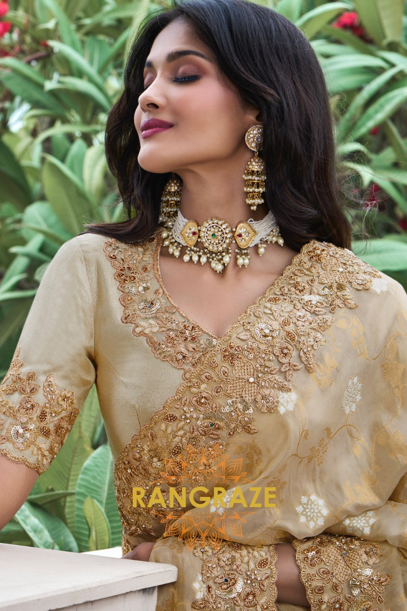 Golden Radiance Hand-Embroidered Banarasi Silk Saree