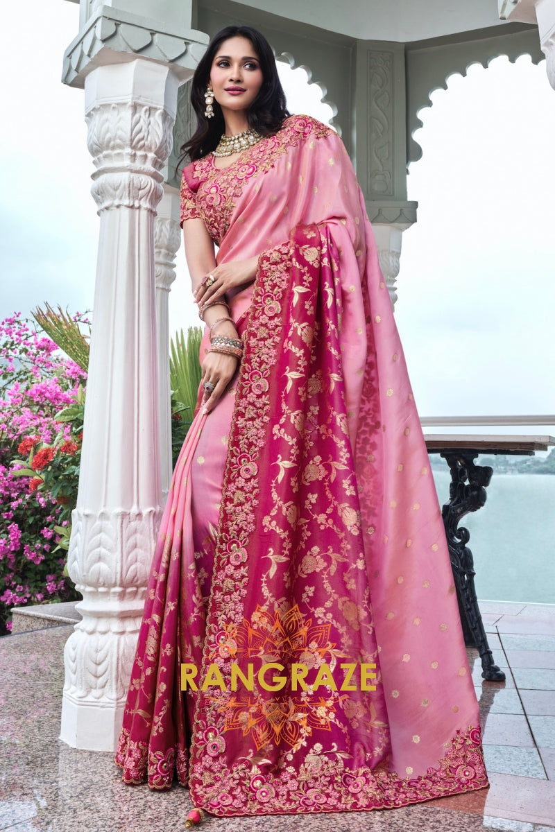 Blush Pink Banarasi Silk Saree with Fuchsia Embroidered Border