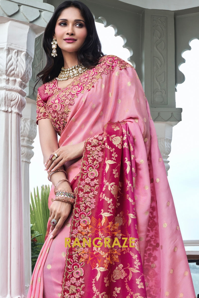 Blush Pink Banarasi Silk Saree with Fuchsia Embroidered Border
