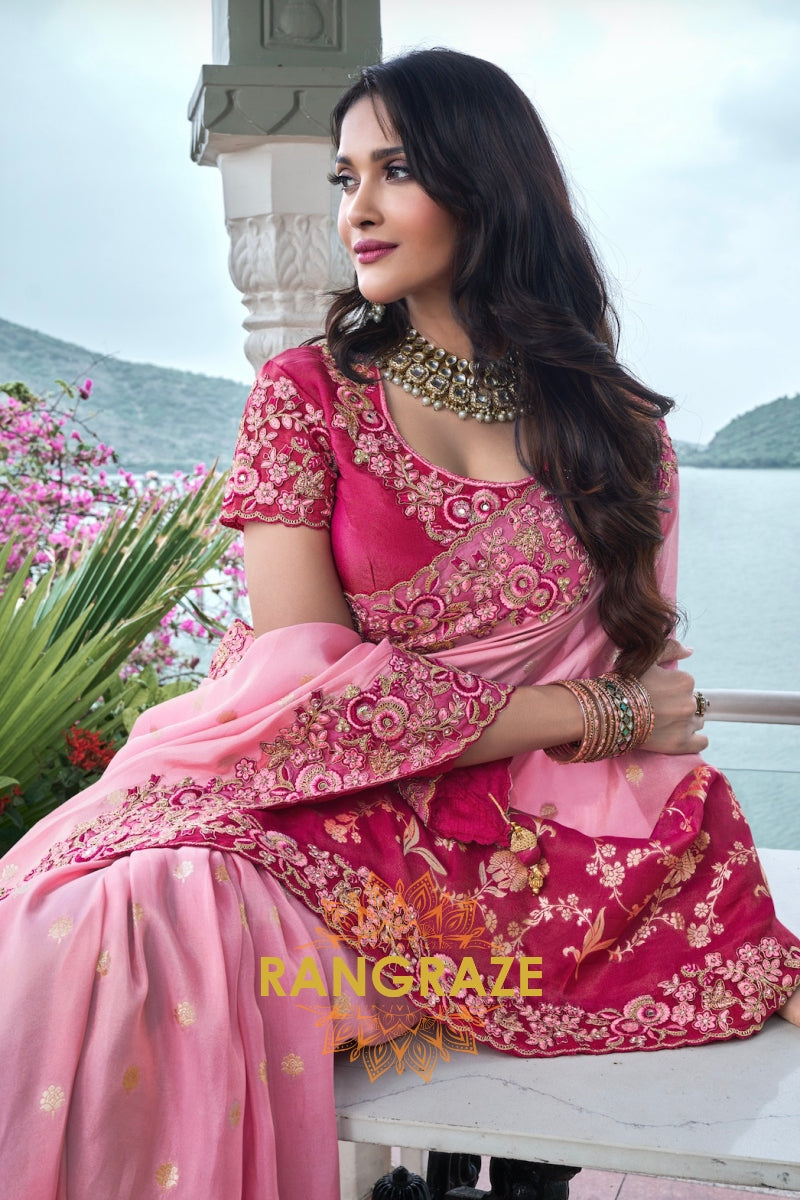Blush Pink Banarasi Silk Saree with Fuchsia Embroidered Border