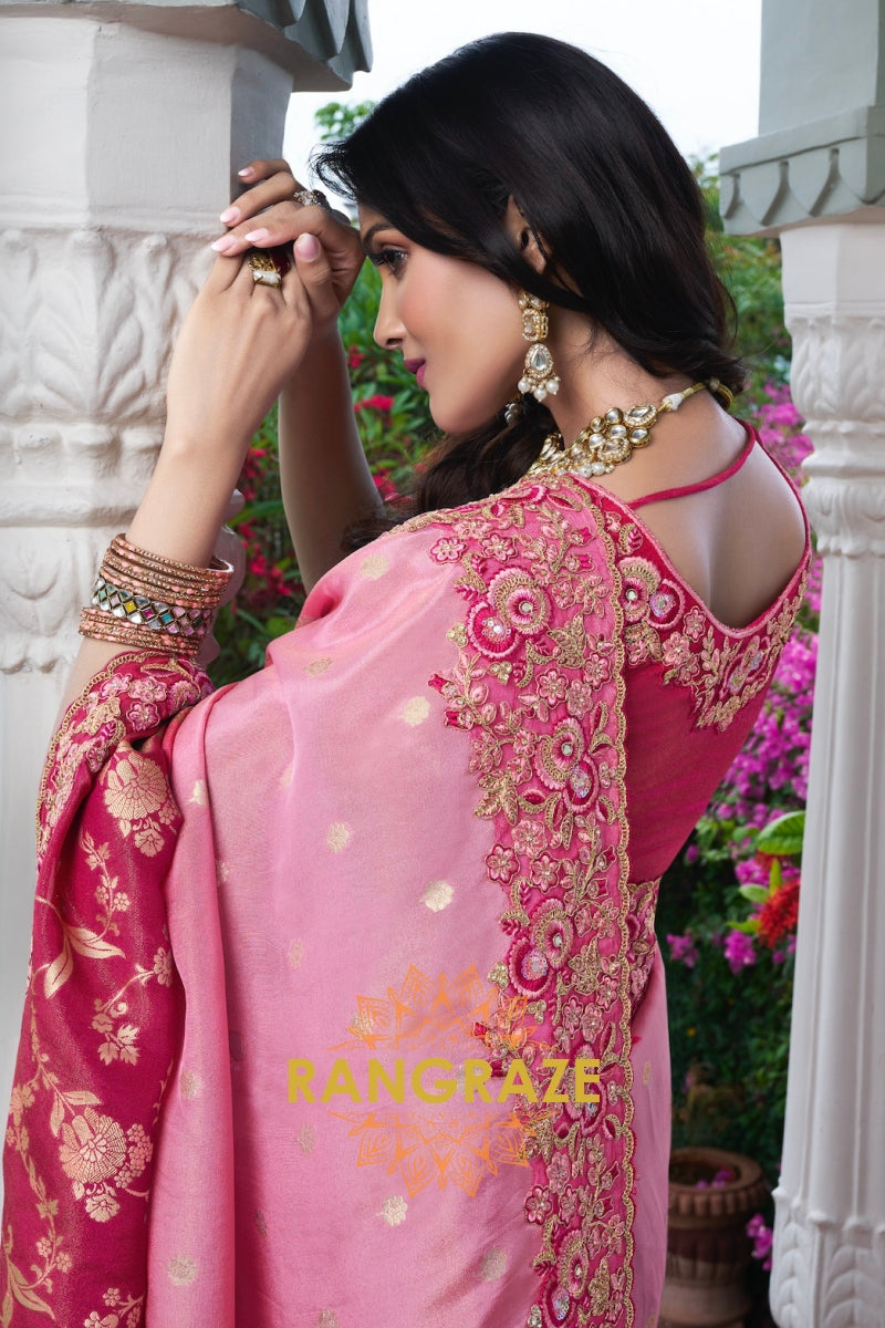 Blush Pink Banarasi Silk Saree with Fuchsia Embroidered Border