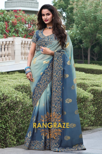 Azure Mist Hand-Embroidered Banarasi Silk Saree