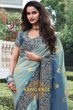 Azure Mist Hand-Embroidered Banarasi Silk Saree