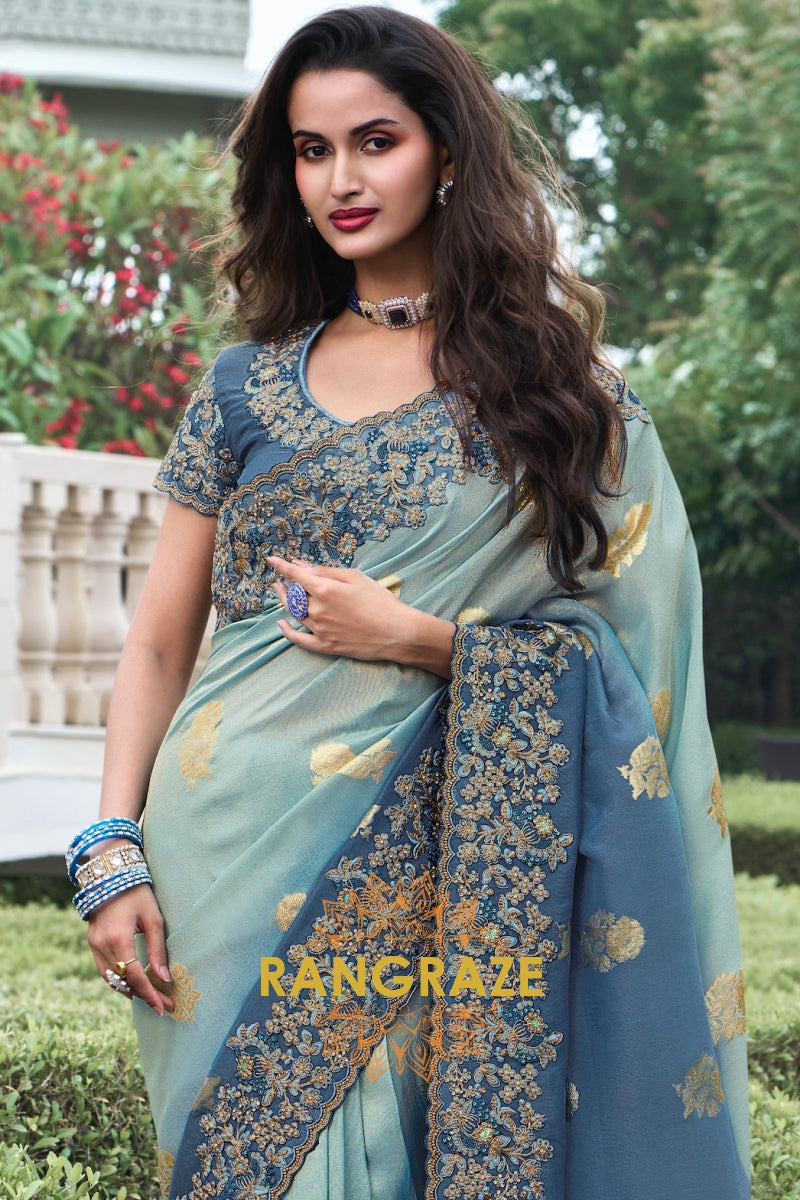 Azure Mist Hand-Embroidered Banarasi Silk Saree