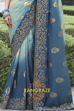 Azure Mist Hand-Embroidered Banarasi Silk Saree