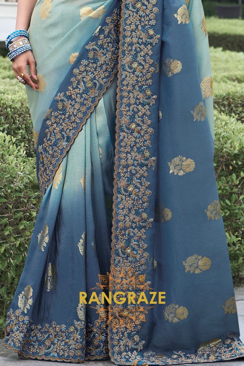 Azure Mist Hand-Embroidered Banarasi Silk Saree