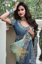 Azure Mist Hand-Embroidered Banarasi Silk Saree