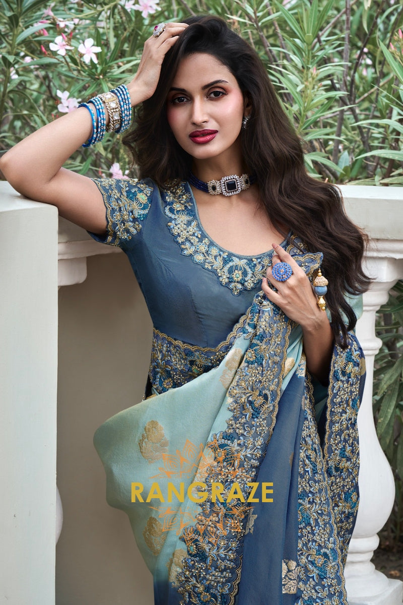 Azure Mist Hand-Embroidered Banarasi Silk Saree