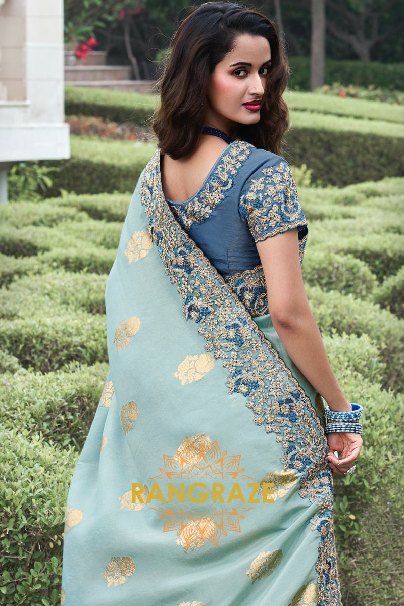 Azure Mist Hand-Embroidered Banarasi Silk Saree