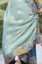 Azure Mist Hand-Embroidered Banarasi Silk Saree