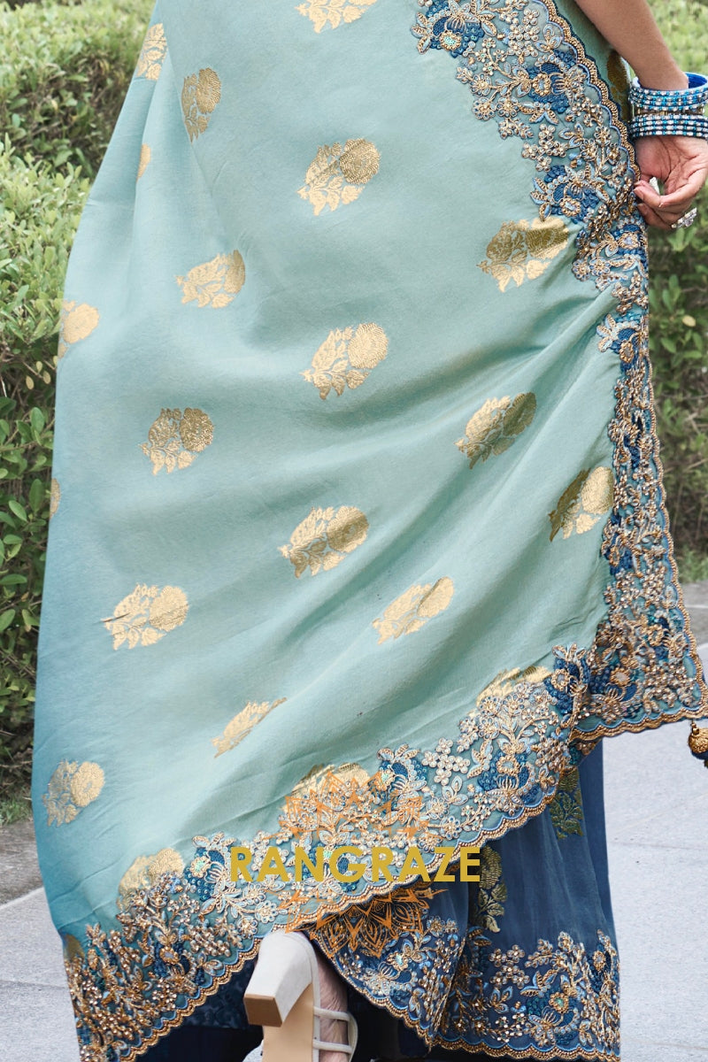 Azure Mist Hand-Embroidered Banarasi Silk Saree