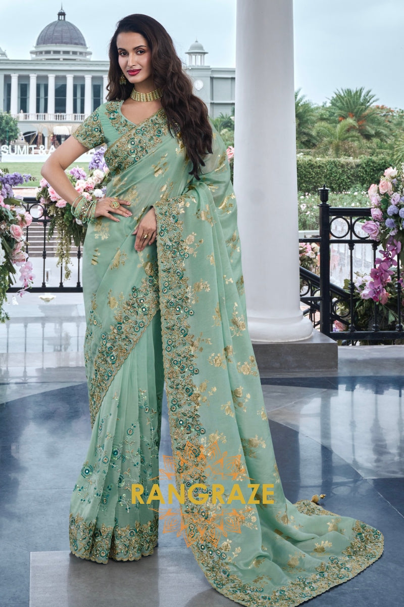 Mint Green Hand-Embroidered Banarasi Silk Saree