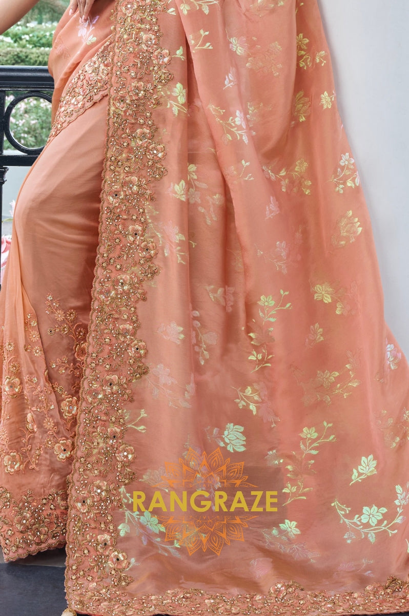 Majestic Peach Hand-Embroidered Banarasi Silk Saree