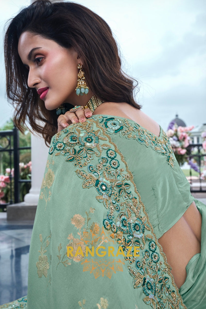 Mint Green Hand-Embroidered Banarasi Silk Saree