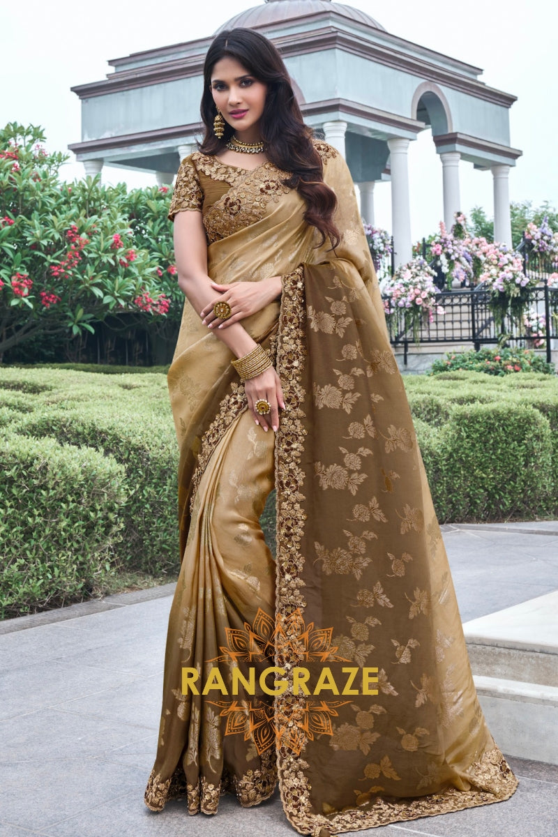 Vintage Brown Hand-Embroidered Banarasi Silk Saree