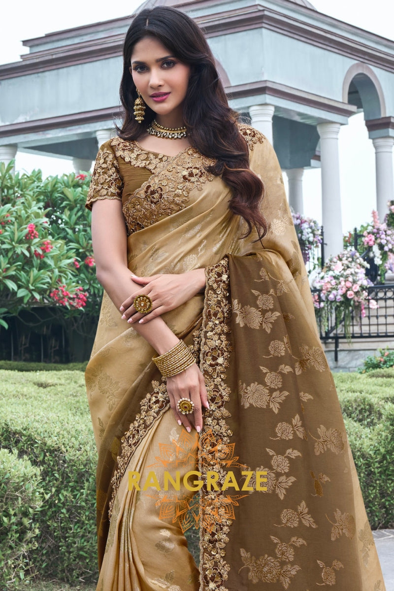 Vintage Brown Hand-Embroidered Banarasi Silk Saree