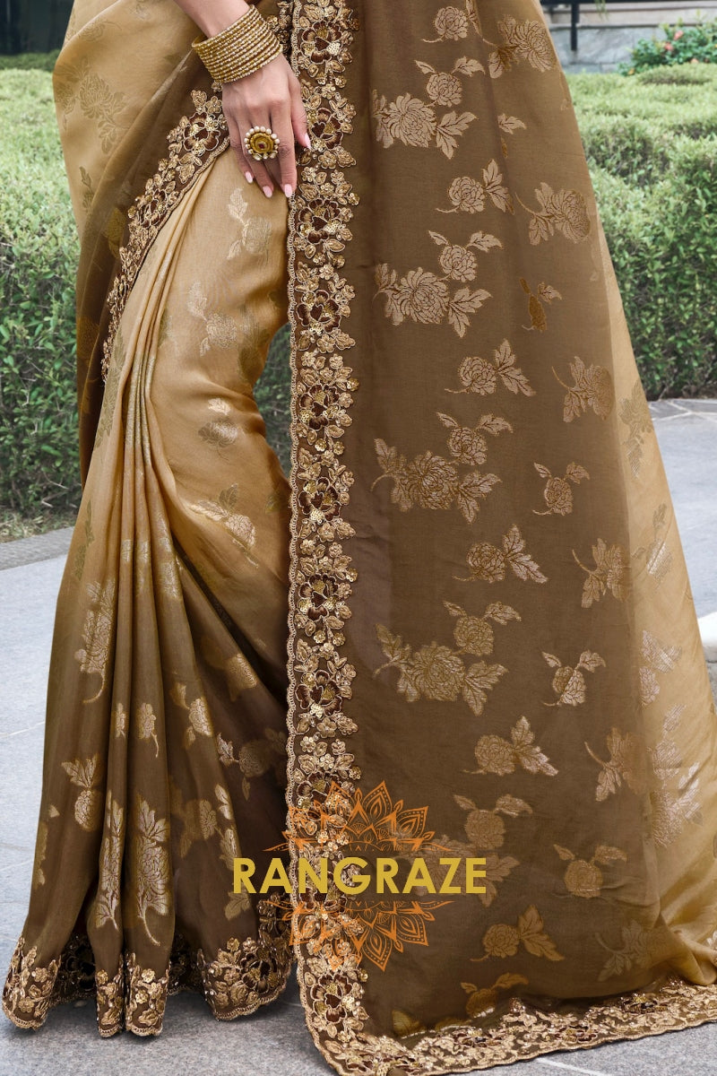 Vintage Brown Hand-Embroidered Banarasi Silk Saree