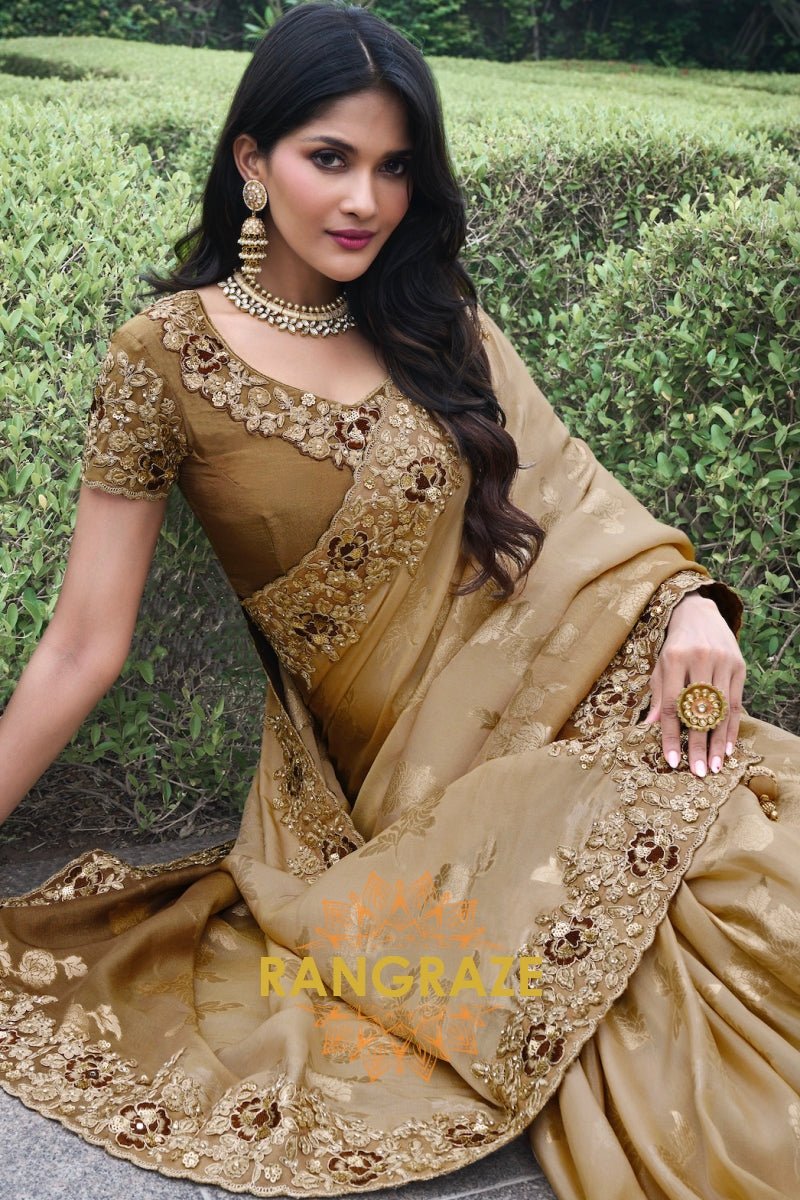 Vintage Brown Hand-Embroidered Banarasi Silk Saree