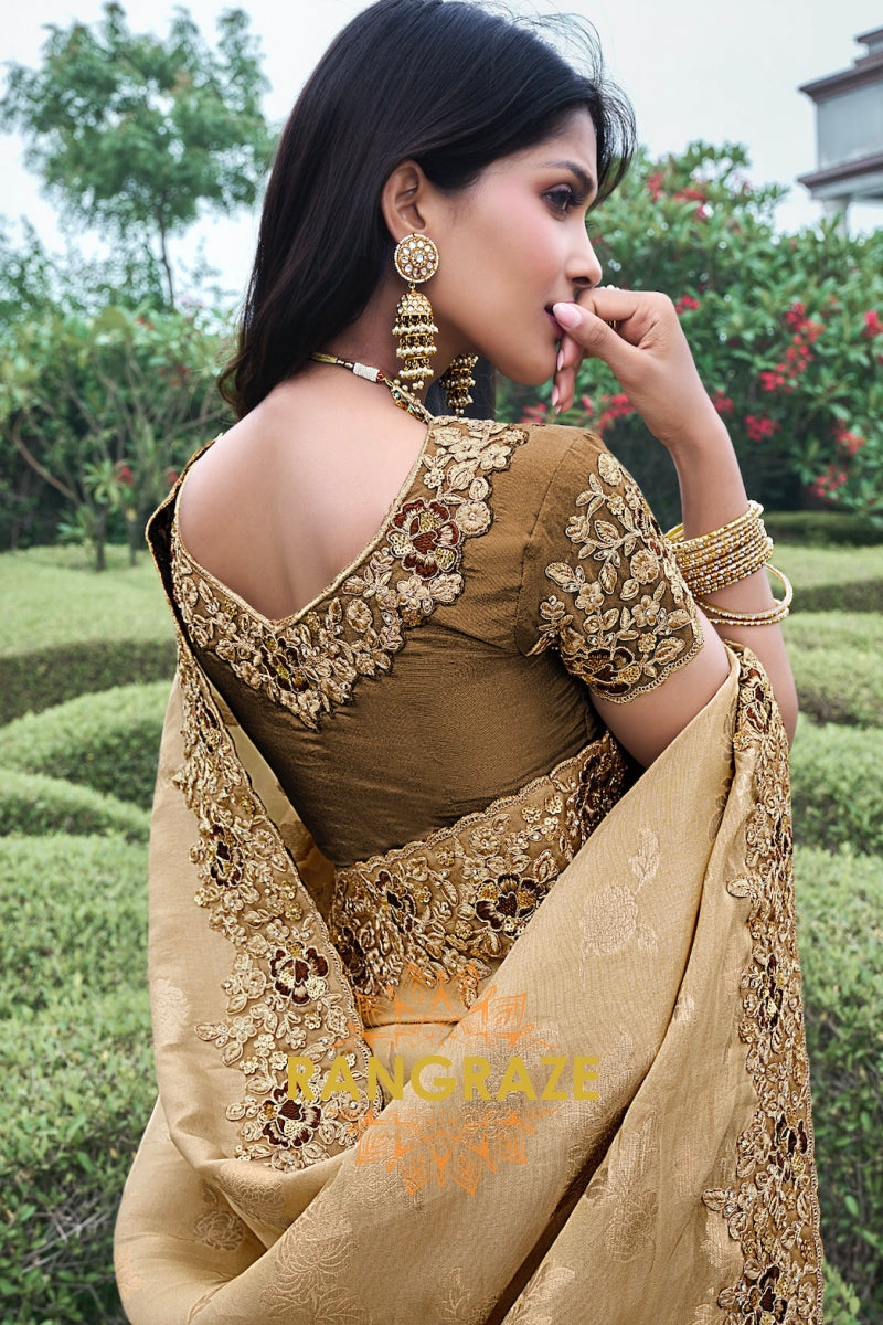 Vintage Brown Hand-Embroidered Banarasi Silk Saree